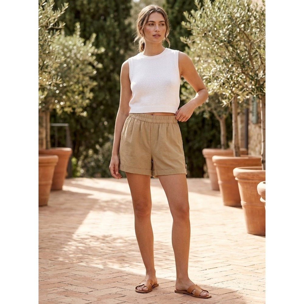 Coastal Casual Pact Tan Organic Cotton Linen Blend Pull On Shorts Size M Medium
